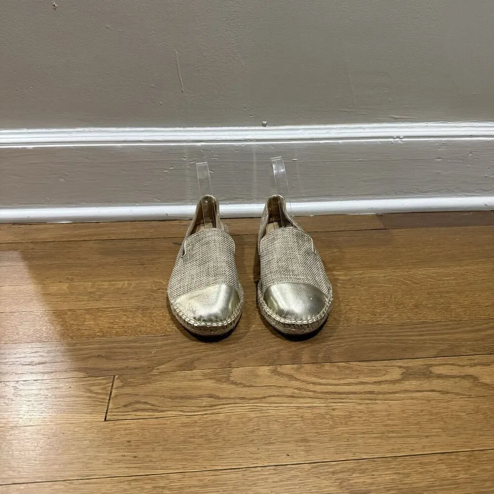 Talbots Izzy Beige Gold Linen Metallic Cap Toe Espadrille Flats Slip-On Sz 8.5 M
